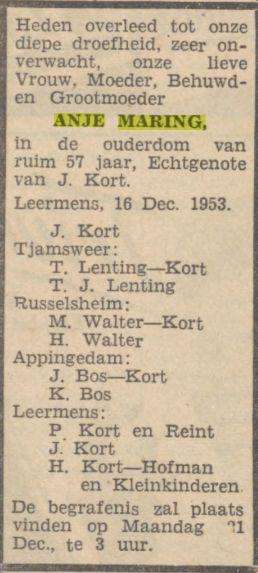 overlijdensadvertentie anje maring geb 1896 on 16 Dec 1953.